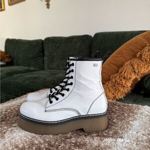 White Leather Combat Boots | Side Zip | Real Leather